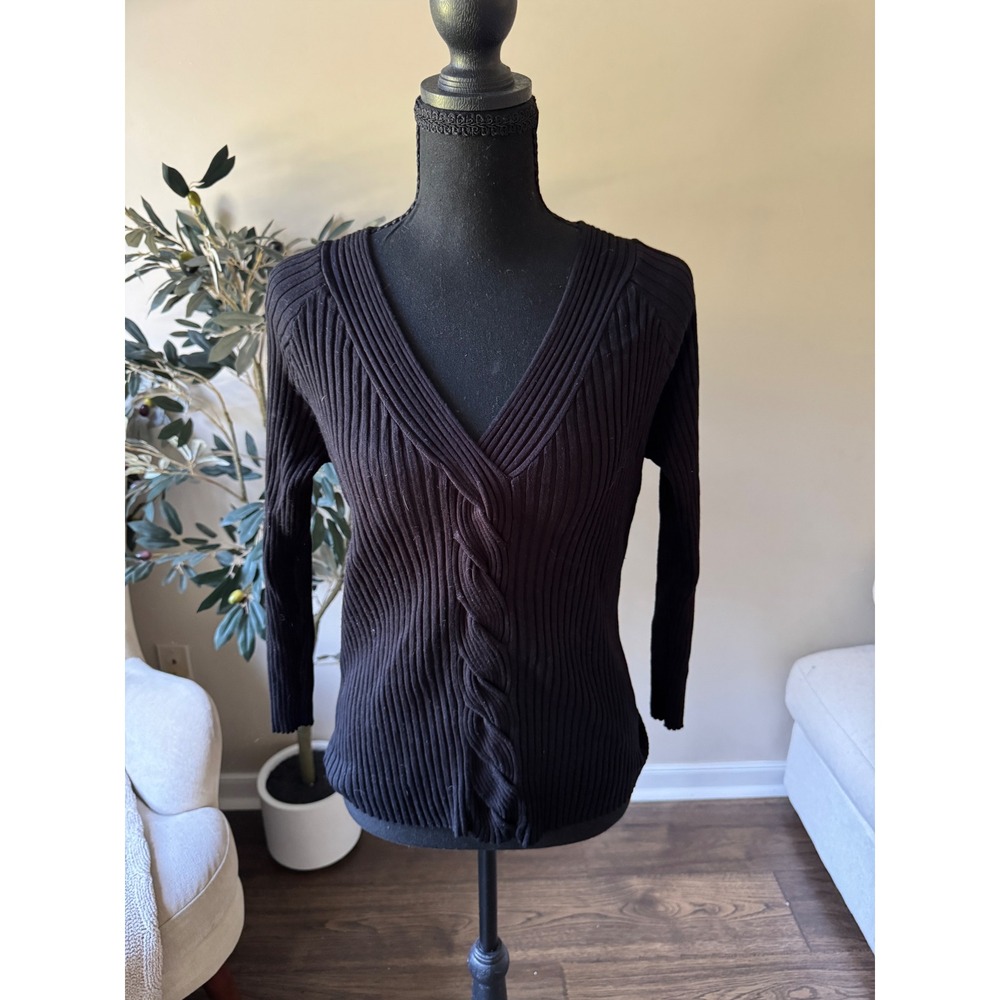 Baranda Black Ribbed Cable Twist V-Neck Sweater Viscose Blend XL